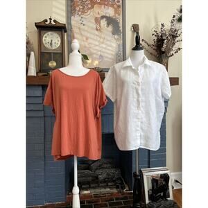 LL Bean 100% Linen Button Up Womens 2X Tencel Knit Tee Shirt LOT OF 2 Tops